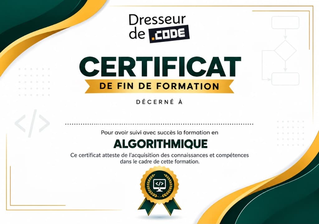 Exemple de certificat de fin de formation Dresseur de Code en algorithmique.